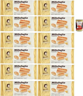 Produktbild von Matilde Vicenzi Millefoglie Classiche, Italienische Blätterteigstangen, zart, leicht und knusprig mit unwiderstehlicher und butterartiger Geschmack! 12x 125g kekse + Italian Gourmet polpa 400g