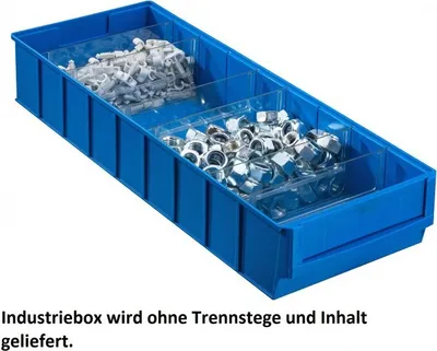A blue storage box with transparent dividers containing various hardware components like nuts and clips.