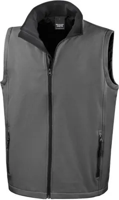 A studio shot of a gray vest with a black collar and zipper.