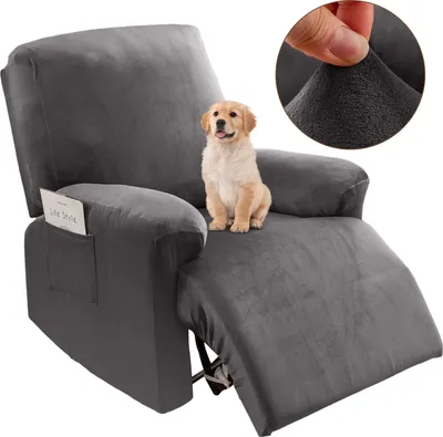 Produktbild von Relaxsessel Sesselbezug Stretch Samt Liegestuhlbezug mit Seitentasche 4-teiliges Set Elastischer Sesselschoner 1-Sitzer, Grau