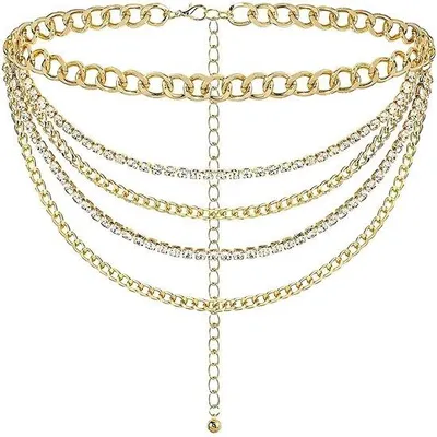 Produktbild von Goldene Mehrfach-Perlenkette mit Glitzersteinen – Edelstahl-Tailleketten für Frauen – Kleidungsstücke Accessoire