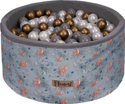 Obrázok produktu pre Flumi Ball Pool Baby - detský biliardový stôl 90x40cm s 200 guľami ∅ 7cm vyrobený v EÚ - sivý / jeleň + zlaté gule