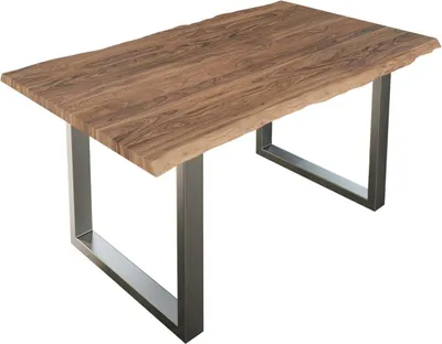 Produktbild von Esszimmertisch 160x85 cm Lauren, Baumkantentisch aus Akazienholz, massiv + stonefarben, U-Metallgestell Silber, Esstisch mit echter Baumkante