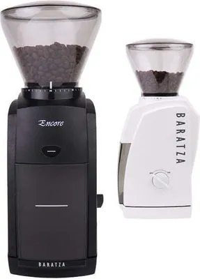 Two Baratza coffee grinders, one black and one white, are shown side-by-side against a white background.
