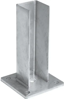A galvanized steel post base plate, also known as a footplate, is shown against a white background. The plate is square with a central vertical support structure, designed to hold a fence post or similar vertical element. It has four pre-drilled holes for 