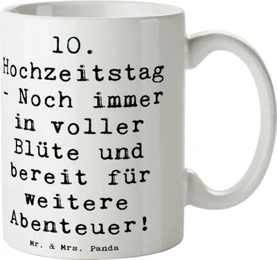 Produktbild von Mr. & Mrs. Panda Kaffeetasse Spruch 10. Hochzeitstag Rosenhochzeit - Weiß - Geschenk, Heirat, Keramiktasse, Kaffeepott, Pott, Heiraten, Hochzeitsjubiläum, schöne tasse