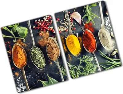 Produktbild von Tulup Glas Herdabdeckplatte - 2x40x52 cm - Glaskeramikkochfeld-Abdeckung Spritzschutz Glasabdeckplatte Kochplattenabdeckung und Schneidebrett - Zweiteilig - Essen & Getränke - Bunte Gewürze - Mehrfarbig