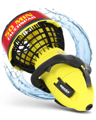 A yellow water scooter with a red band and black accents, surrounded by splashing water.