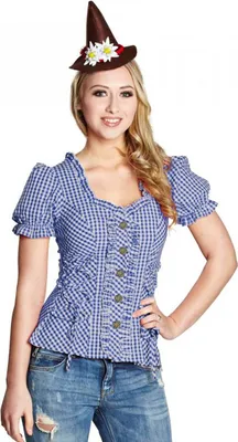 Oktoberfest Bluse Trachtenbluse für Damen Gr. 40-44 blau weiß kariert Wiesn Wasen Fasching Karneval Mottoparty