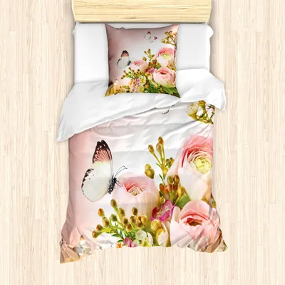Produktbild von ABAKUHAUS Schmetterling Bettbezug Set, Pastellfarbig Blühende Rosen mit Frühlingssaison Insekten Romantisches Feminine, 135 x 200 cm + 80 x 80 cm, Mehrfarbig