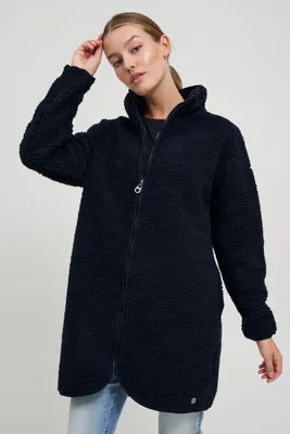 Produktbild von OXMO OXTova Damen Sweatjacke Lang Jacke mit Teddy-Fell Stehkragen Reißverschluss Eingrifftaschen Loose fit
