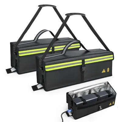 Productafbeelding van 2x Accubak voor elektrische fiets, hittebestendig tot 2300°C, met 8-laags brandbescherming, afmetingen 49x15x15cm, waterdicht en explosiebestendig
