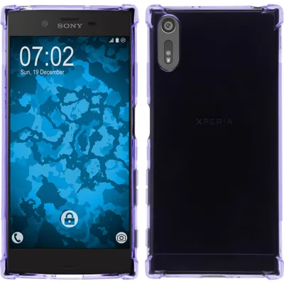 A split image showing the front and back of a phone in a purple case.