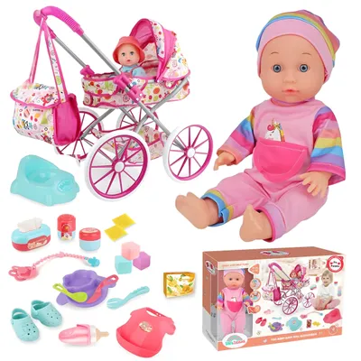 Produktbild von Interaktive Baby Puppe mit Puppenwagen Buggy Zubehör Set für Kinder 10-in-1