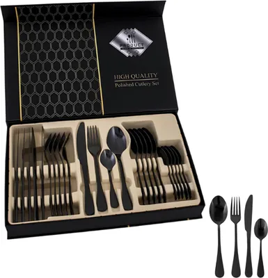 Image de Ensemble Élégant De Couverts Noirs, 24 Pièces, Pour 6 Personnes, En Acier Inoxydable
