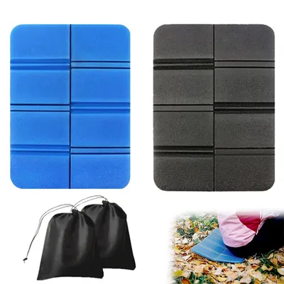 A collage of outdoor seat cushions and their storage bags, with one cushion shown in use on the ground.