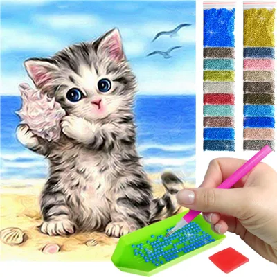 Zdjęcie produktu dla Haft diamentowy ARTULIO - Kociak na plaży - 40 x 30 cm - Diamond painting, Kompletny zestaw: mozaika + akcesoria