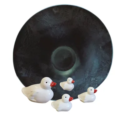 Produktbild von Storm's Gartenzaubereien Miniteich-Set Entenfamilie Schwimmdeko aus Keramik Weiß inkl. Dekoschale Ø 35 cm