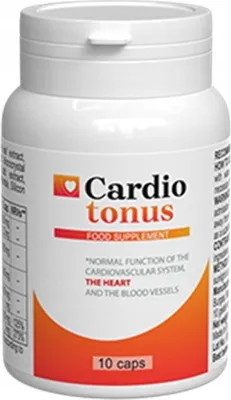 A white bottle of Cardio tonus food supplement capsules.