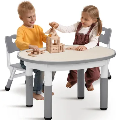 Immagine prodotto di Tavolo per bambini con 2 sedie, set da tavolo per dipingere regolabile in altezza, in plastica, per la cameretta/casa, grigio chiaro