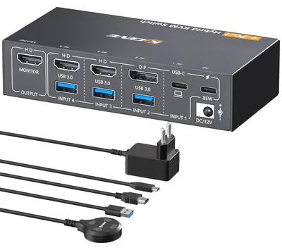Obrázok produktu pre KVM prepínač pre 4 počítače, 1 monitor, s USB-C, DP a HDMI portami, podpora rozlíšenia 4K@60Hz, s pripojeným diaľkovým ovládaním
