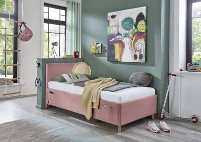 Produktbild von Meise Möbel Kinderbett Cool 90x200 cm | Bettgestell | Kopfteil glatt | Cordstoff Rose | Holzfuß eichefarbig