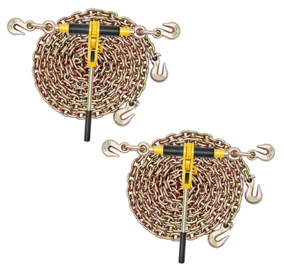 Image de Kit de fixation de chaînes - Tendeur de chaîne avec chaînes de fixation - 2 fixations de chaîne - Capacité de charge : 3,63 tonnes - Norme G80 - Chaîne de fixation de 3,9 mètres - Crochet de préhension - Pour camions/remorques à plateforme