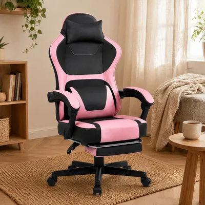 Productafbeelding van Kawaii gaming stoel, met voetsteun, dubbele lendensteun, ideaal voor thuiswerken en ontspanning - babyroze, AI-gegenereerde afbeelding