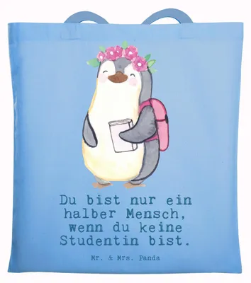 Produktbild von Mr. & Mrs. Panda Jutebeutel Studentin Herz - Sky Blue - Geschenk, Tasche, Beutel, Laptoptasche, Schultasche, Tote Bag, Einkaufstasche