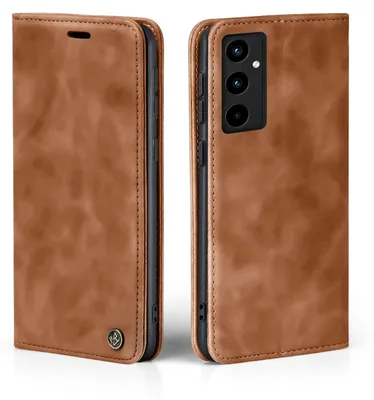 A brown leather flip case for a smartphone is shown from two angles.