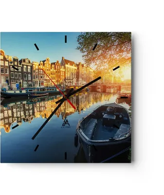 Produktbild von Wanduhr - Quadrat - Glasuhr - Kanal Boot Amsterdam Wasser - 30x30cm - Schleichendes Uhrwerk - Lautlos - zum Aufhängen bereit - Dekoration Modern - Wanddekoration aus Glas - C3AC30x30-2857