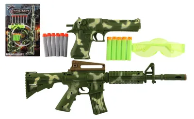 Zdjęcie produktu dla Pistolet/karabin 2szt plastikowe + piankowe naboje 11szt + okulary na karcie