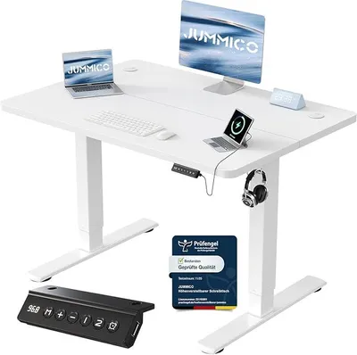 Image de Bureau réglable en hauteur avec port de charge USB, bureau électrique réglable en hauteur 100 x 60 cm, bureau debout/assis, pupitre réglable pour ordinateur, bureau debout, blanc