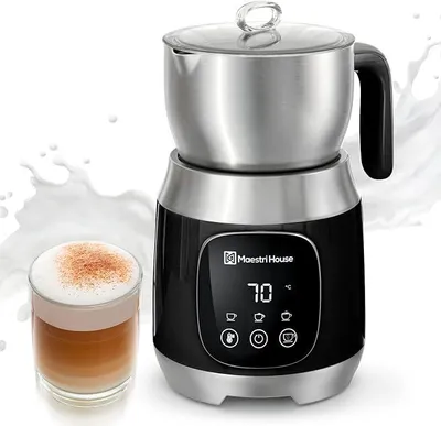 Productafbeelding van Elektrische melkopschuimer van 600 ml, roestvrijstalen melkopschuimer die vaatwasmachinebestendig is, met instelbare temperatuur en schuim, en een geheugenfunctie voor latte, warme chocolademelk, DualFro 600