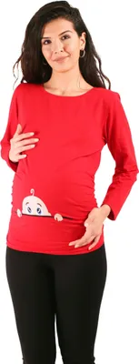 Produktbild von Umstandsshirt Langarm Neugieriges Baby – Umstandsmode Damen Schwangerschaft, 95 % Baumwolle, Rot, Gr. L