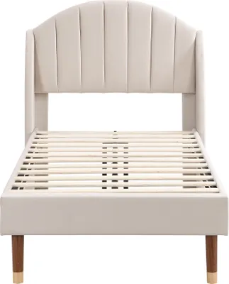 Produktbild von okwish Polsterbett 90*200, Jugendbett mit Lattenrost und Kopfteil, Einzelbett mit Lattenrost aus Holz, einfacher Aufbau, Samt, Beige