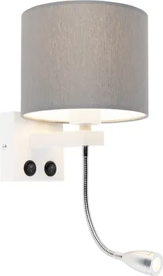 Produktbild von QAZQA - Moderne Wandleuchte weiß mit grauem Schirm - Brescia I Wohnzimmer I Schlafzimmer - Stahl Rund - I E27