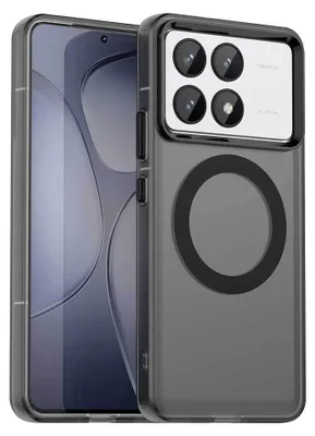 A smartphone case with a magnetic ring on the back and a camera module.