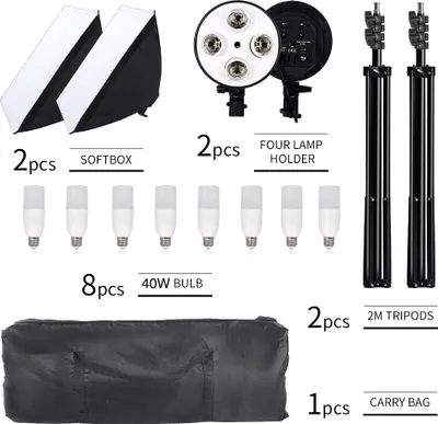 Immagine prodotto di Set softbox per fotografia, stativo regolabile, portalampada E27, 8 lampadine da 40 W