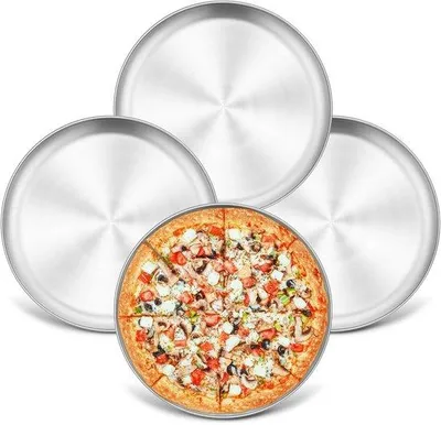 Zdjęcie produktu dla Zestaw 4 sztuk form do pizzy - Blachy do pizzy ze stali nierdzewnej - Okrągłe formy do pizzy - Zdrowe i trwałe - Można myć w zmywarce - Średnica 26 cm - Blacha do pizzy