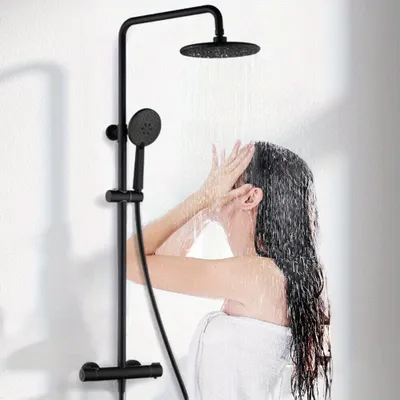 Obrázek produktu pro Sprcha - Sprchová hlavice - Sprcha dešťového typu - Ruční sprcha - Sprchový sloupek - Termostatická baterie - Matná černá barva