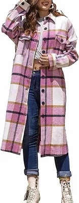 Produktbild von ASKSA Damen Kariertes Lange Hemdjacke Taschen Knöpfen Langarm Holzfällerjacke Mantel, B Rosa, M