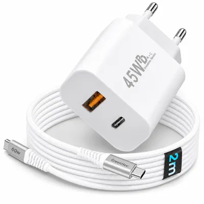 Produktbild von 45W USB-C & USB-A Schnellladegerät mit GaN-Technologie Netzteil für Handy, Samsung, iPad, iPhone | Charger Schnellladestecker - Ladegerät + 2m Kabel