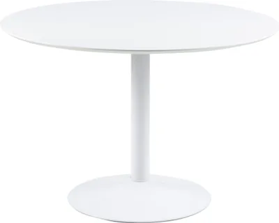 A white round dining table with a pedestal base, photographed against a white background.