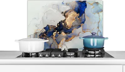 Produktbild von KitchenYeah®  Spritzschutz Küche - Küchenrückwand - Wandschutz für Herd und Spüle - Marmor - Blau - Gold 60x40 - Alu-Dibond (Alternative zum Spritzschutz aus Glas) - Hitzebeständig - Herdspritzschutz