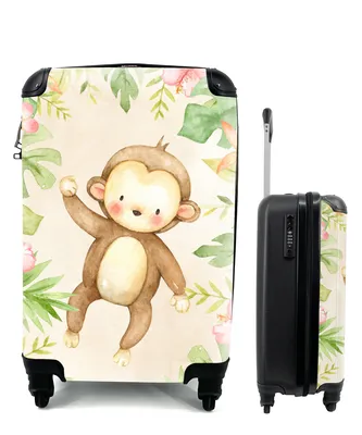 Produktbild von MuchoWow® Koffer Handgepäck Trolley Rollkoffer Kleine Reisekoffer mit 4 Rollen - Affe - Blumen - Pflanzen - Dschungel - Cabin Size < 55x40x23 cm & 55x40x20 cm - Fotokoffer - Kabinenkoffer - Boardgepäck - Reise-Box - Reisekoffer - Reisegepäck - Koffer mit Bild - Trolley für Kinder