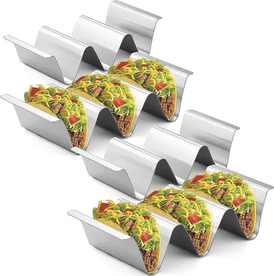 Immagine prodotto di Supporto per tacos e hot dog in acciaio inossidabile con manici, supporto per tortillas lavabile in lavastoviglie, ideale per ristoranti, picnic e panini, 4 pezzi