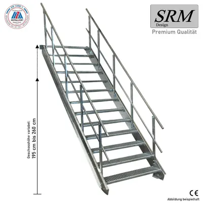 Produktbild von 13 Stufen Stahltreppe beidseitig. Geländer Breite 80cm Geschosshöhe 195-260cm