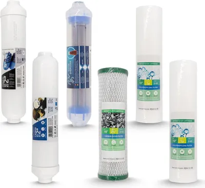 Produktbild von Wasserfilter Ersatzfilter Set für RO7 Umkehrosmoseanlagen mit Aktivkohleblock Sedimentfilter Mineralisierung und Ionisator 6-teiliges Set zur Wasserau