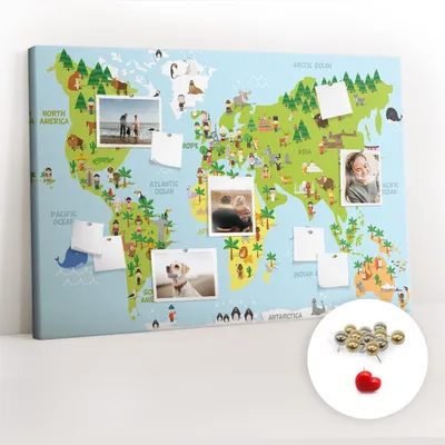 Obrázek produktu pro Korková nástěnka s kolíčky - Tabule s kolíky pro fotografie a poznámky - 120x80 cm - Připínáčky kovové 100 kusů - Kulturní mapa světa